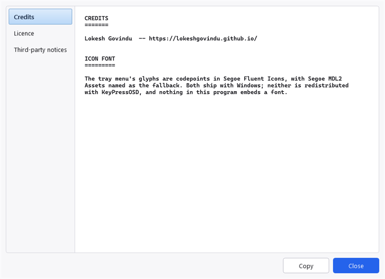 The Credits dialogue, with tabs for credits, the licence and third-party notices