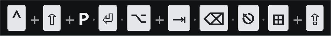 The same six presses with every key drawn as a glyph, including a crossed box for Backspace and a prohibition sign for Esc